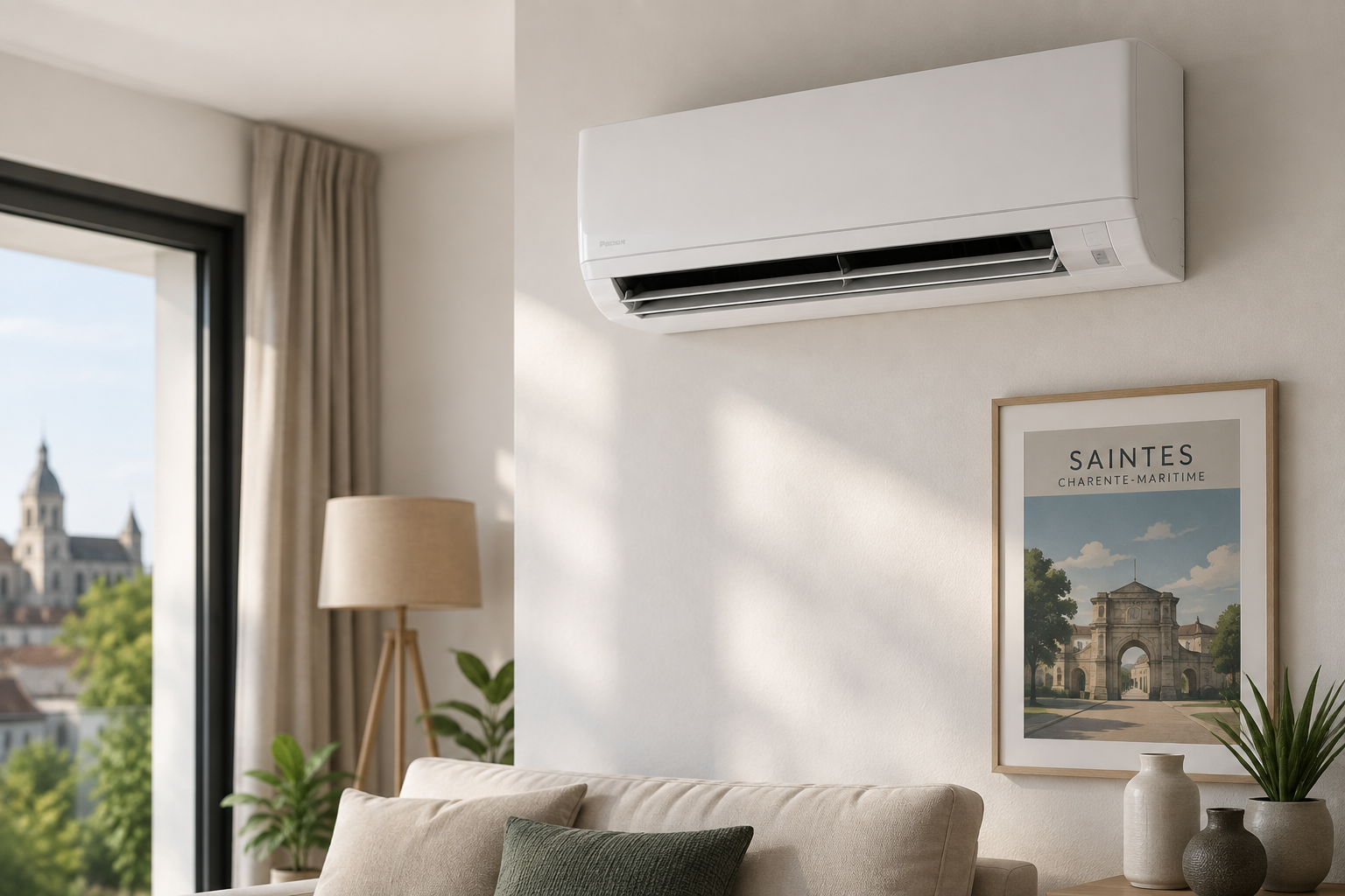 Unité intérieure de climatisation réversible installée dans un logement à Saintes