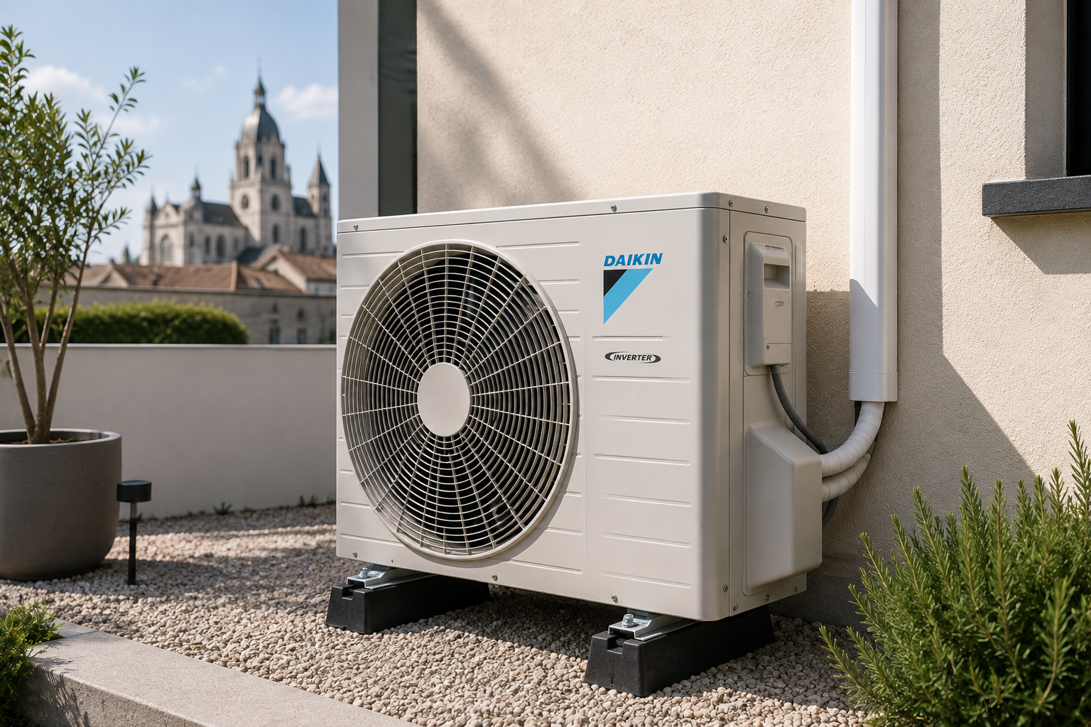 Unité extérieure de pompe à chaleur air-air installée à Saintes