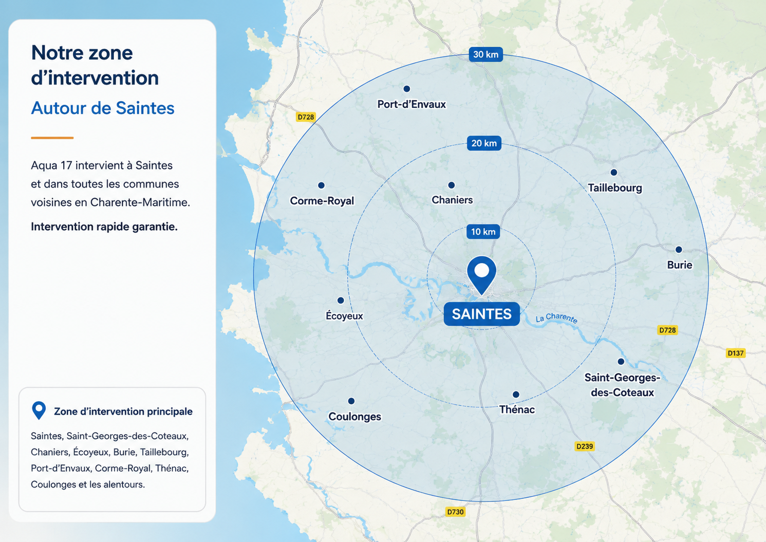 Zone d'intervention Aqua 17 autour de Saintes en Charente-Maritime