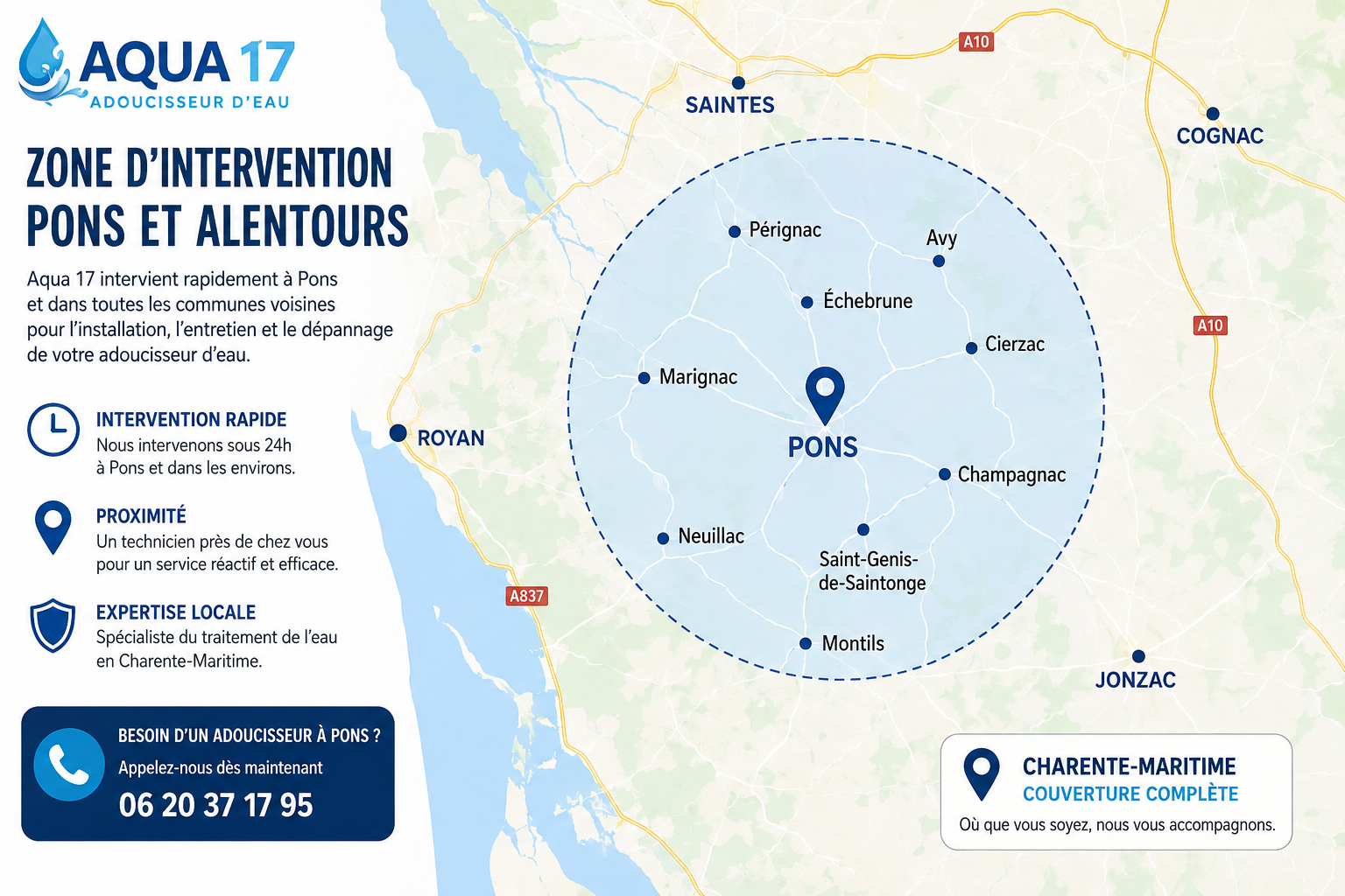 Zone d'intervention Aqua 17 autour de Saintes en Charente-Maritime