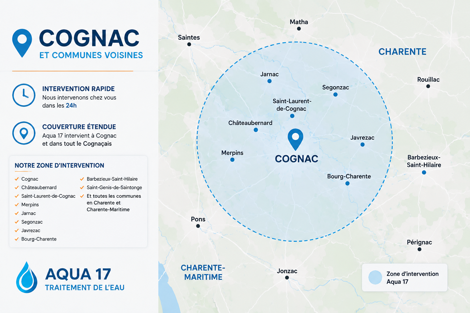 Zone d'intervention Aqua 17 autour de Cognac en Charente