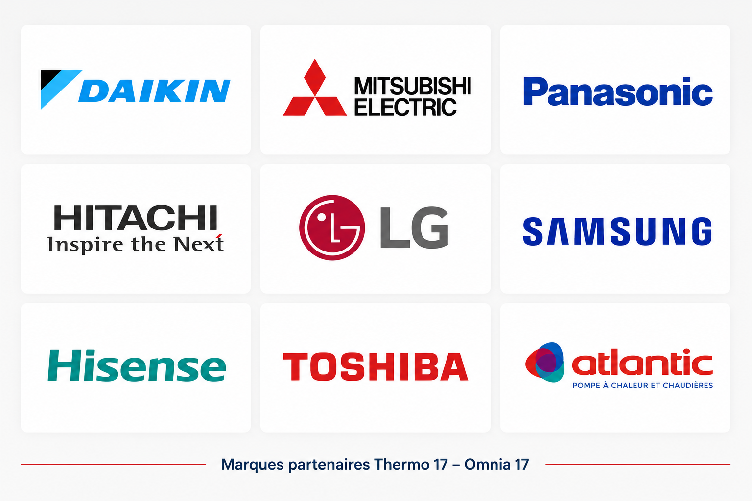 Marques climatisation installées par Thermo 17 - Daikin, Atlantic, Mitsubishi, Panasonic, LG, Samsung, Toshiba, Haier, Hisense