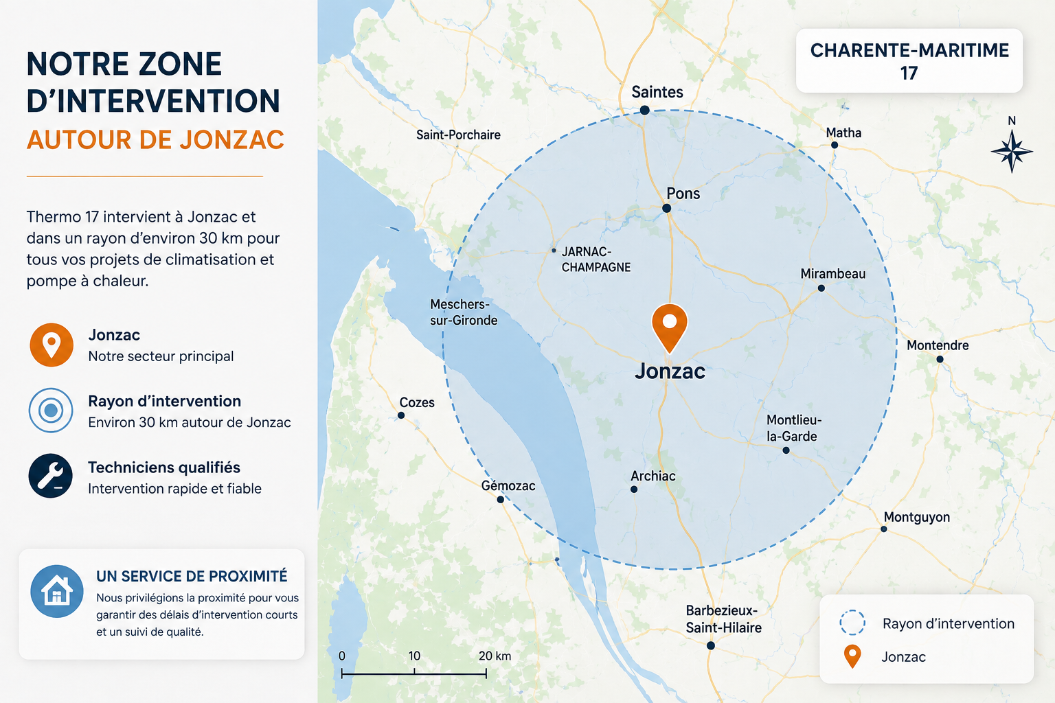 Zone d'intervention Thermo 17 autour de Jonzac — Charente-Maritime