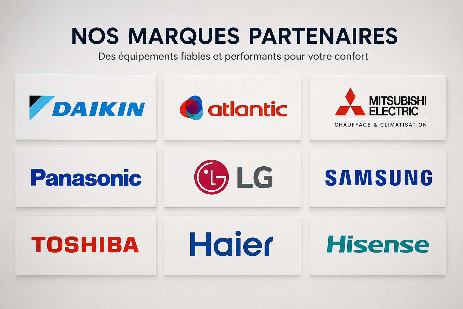 Marques climatisation installées par Thermo 17 - Daikin, Atlantic, Mitsubishi, Panasonic, LG, Samsung, Toshiba, Haier, Hisense