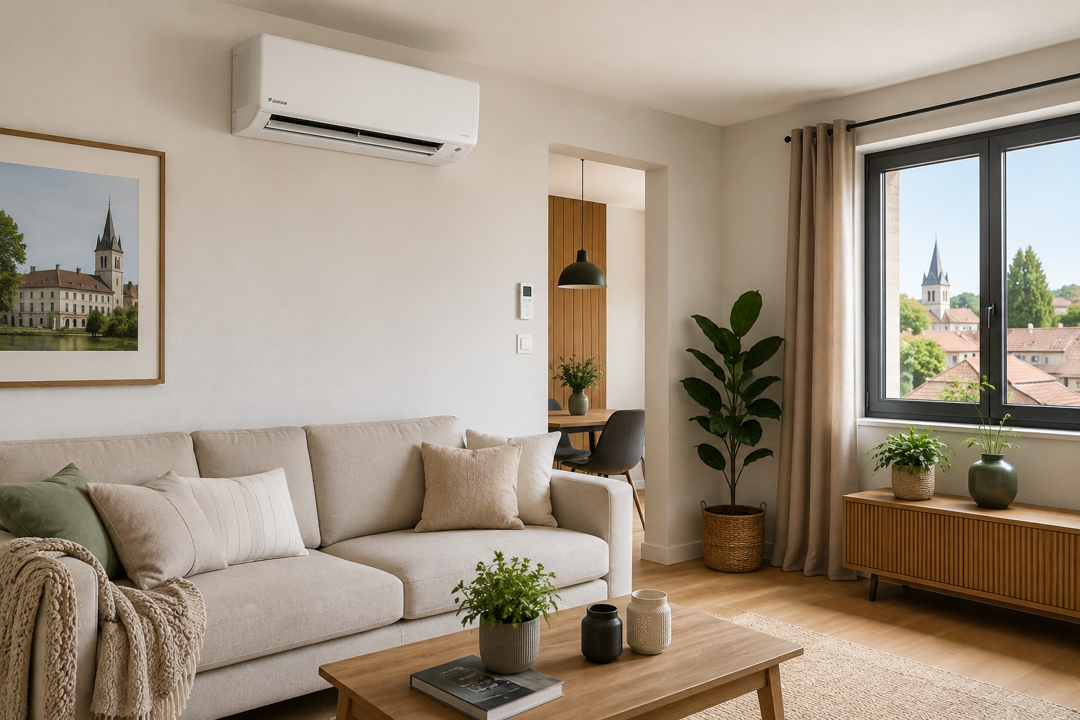 Unité intérieure de climatisation réversible installée dans un logement à Jonzac