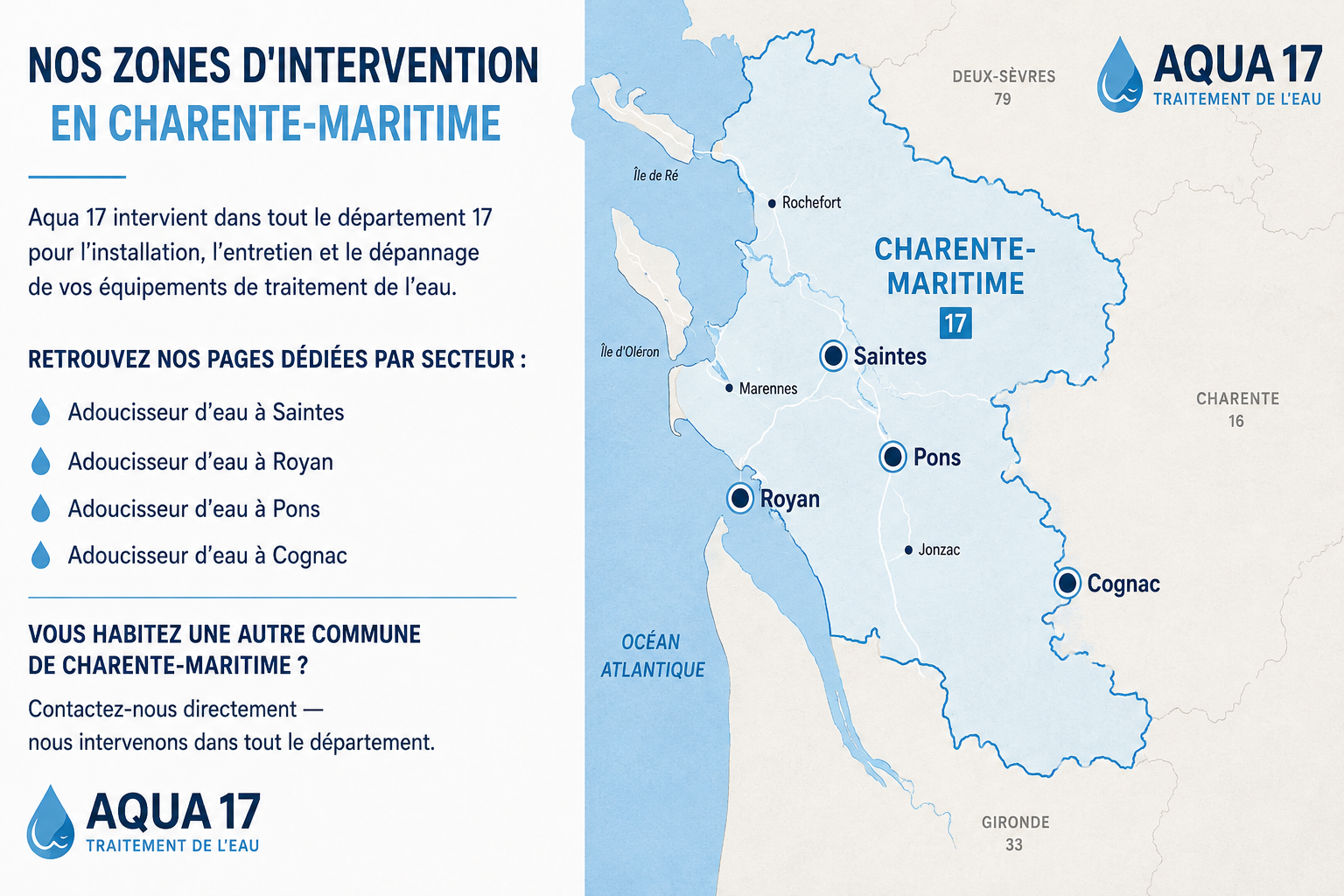 Zone d'intervention Aqua 17 en Charente-Maritime — Traitement de l'eau et adoucisseur