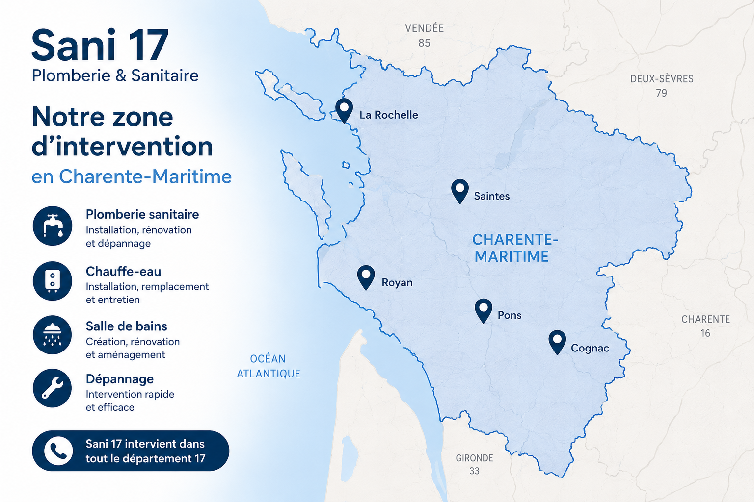 Zone d'intervention Sani 17 en Charente-Maritime — Plomberie et sanitaire